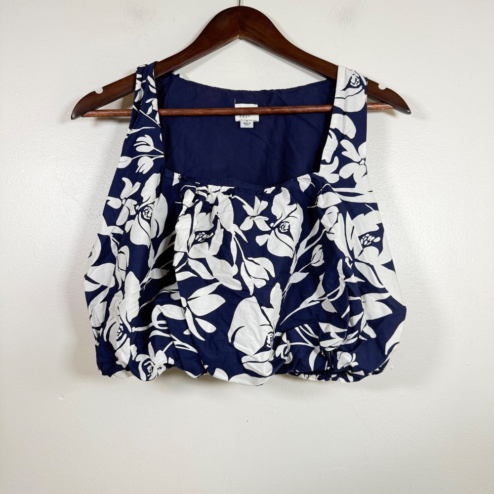 A New Day Floral Bubble Hem Sleeveless Crop Top Size Small Navy White